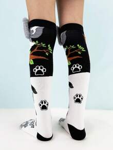 1 Pair Cute Raccoon Pattern Over-The-Knee Socks With 3D Ear Decor, Fashionable And Versatile Design Suitable For Children To Wear In Autumn/Winter Occasions Such As Parties, Holidays, Casual, Outdoor Activities, Dance Performances, Cosplay, And School. - Grey - View 6