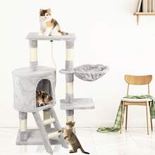 U'King 95Cm/112Cm Cat Tree, Small And Medium Cat Condos, Cat Climbing Tower With Grab Posts, Platforms,  Pompom And Sisal Rope Beige/Brown/Gray For Cat Fun, Relaxation, And Paw Care - 95cm Gray - View 2
