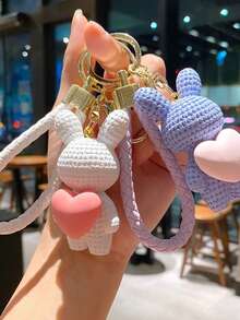 1pc Cute Cartoon Heart Knitted Car Key Chain Pendant, Couple Rabbit & Bear Keychain, Lovely Plush Christmas Gift