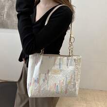 Womens Canvas Tote Bag Zipper Closure Stylish Embroidered Large Capacity Shoulder Bag - Blanco - Ver 1