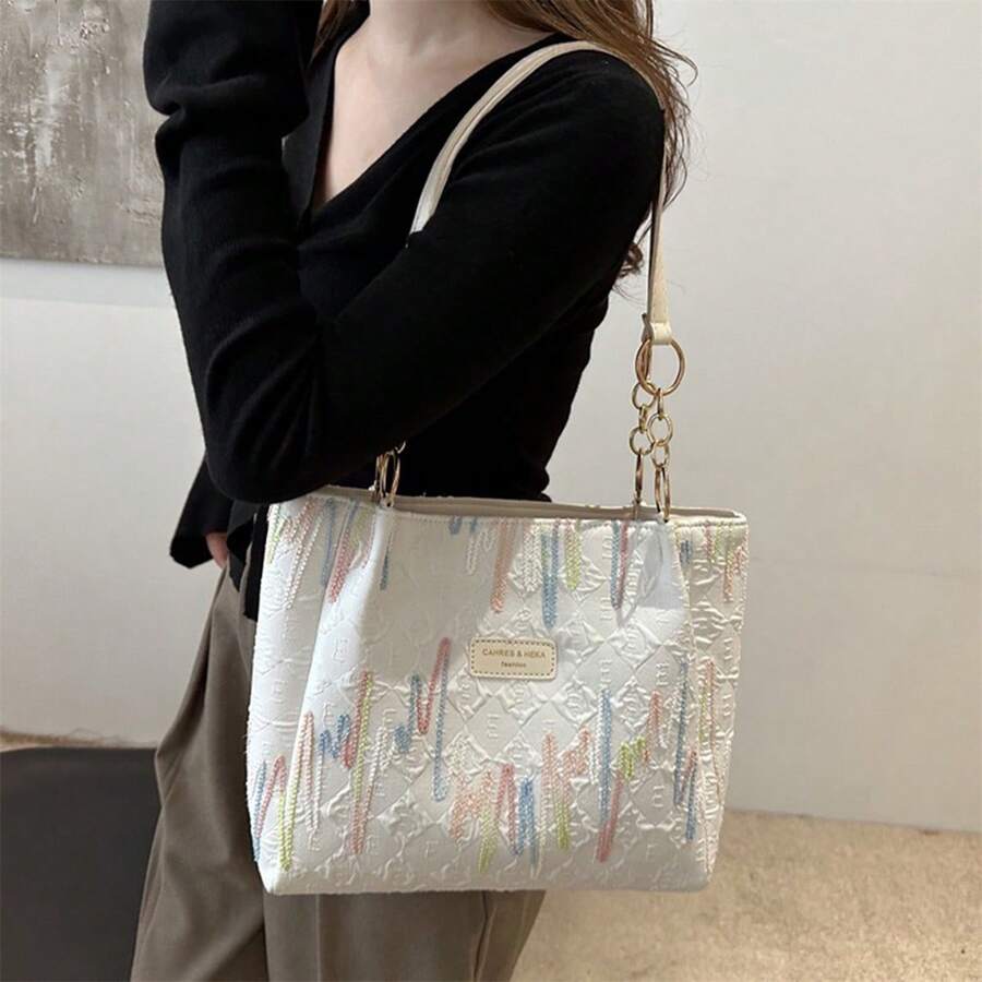 Womens Canvas Tote Bag Zipper Closure Stylish Embroidered Large Capacity Shoulder Bag - Blanco - Ver 1