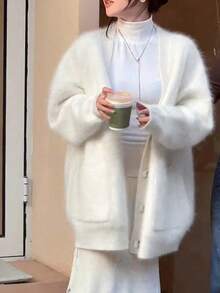 1個 白Vネックニットカーディガン 女性用、オーバーサイズ ルーズフィット、柔らかくあたたかい、秋冬に適しています - ホワイト - チェックする 4