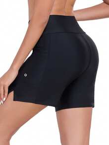 Shorts de baño de cintura alta de 5 pulgadas para mujer, Bottom de bikini de secado rápido con forro - Negro - Ver 4