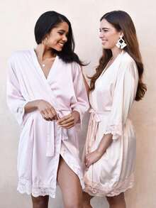 Customized Satin Bride Robe, Half Sleeve Design, Can Customize Bride's Name And Date, Bridesmaid Customized Wedding Robe, Personalized Satin Robe, Customized Bride Robe, Bridesmaid Preparation Robe, Wedding Party Robe, Lace Trim Robe, Customized Name Robe, Bride Robe Gift, Bridal Shower Gift, Silky Loungewear, Matching Bridesmaid Robe, Wedding Party Silky Loungewear Gift, Preparation Robe - Multicolor - View 6