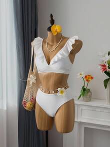 Bellisia Summer Beach Ruffle Trim High Waisted Bikini Set - White - View 1
