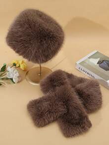 New Classic Faux Fur Soft Fluffy Outdoor Cold-Proof Casual Warm Solid Color Hat And Scarf Set, Autumn/Winter