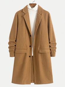 Men's Fashionable Classic Solid Color Woolen Lapel Pocket Long Sleeve Jacket, Suitable For Daily Business Casual Formal Wear, Stylish Minimalist Street Style, Commuting, New Winter Mid-Length Coat - Khaki - View 2