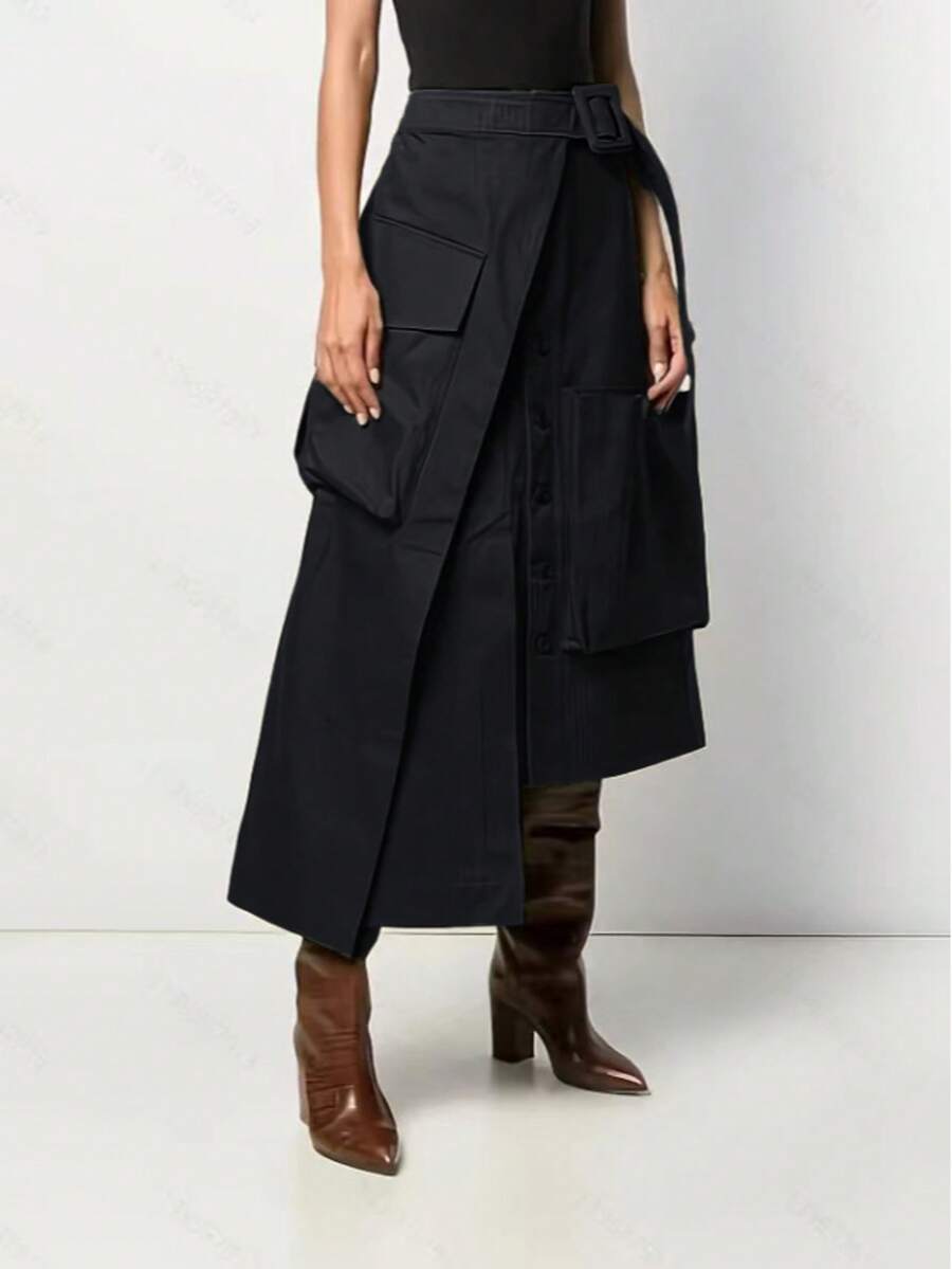 Women's Asymmetric/Asymmetrical Casual Skirt, Solid Color, Suitable For All Seasons Black Spring - Black - View 1
