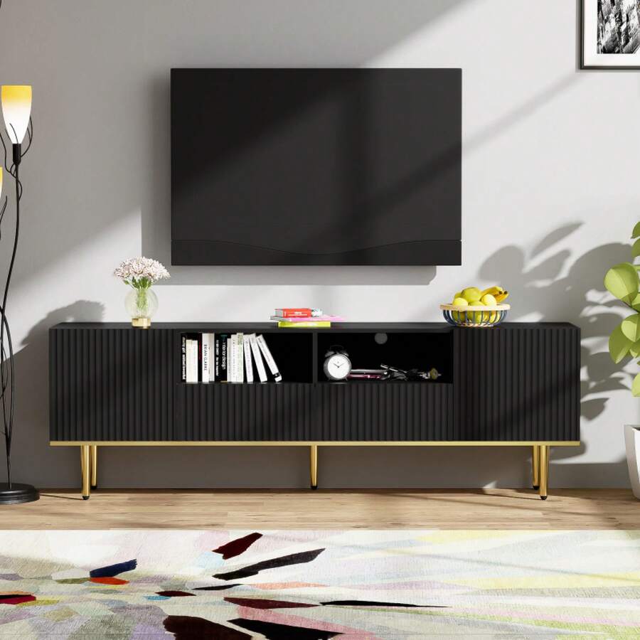 Modern TV Stand, TV Unit With Gold Legs And Gold Trim - Black + Particle Board + 60-69 Inches - View 1