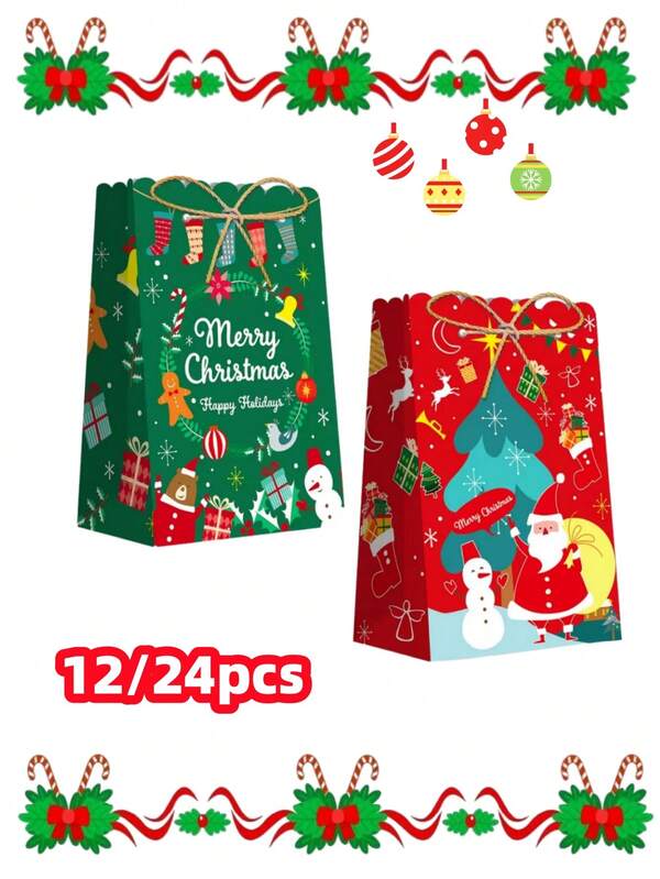 12/24pcs Christmas Kraft Paper Gift Bags With Jute Rope Closure, Red & Green Christmas Theme Prints (Santa Claus, Gingerbread Man, Snowman, Merry Christmas Text), Suitable For Cookies, Chocolates, Candies, Christmas Gifts, Shopping Malls, Christmas Party Favor Bags