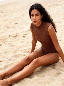 Strapless Bodysuit With Knot Detail, Simple Textured, Beach Vacation Style, Simple Textured Knit, Cable Knit, Beach Vacation Style. - 棕色 - 查看 2