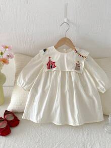 Autumn Baby Girls' Navy Collar Embroidered Long Sleeve Dress - Apricot - View 6