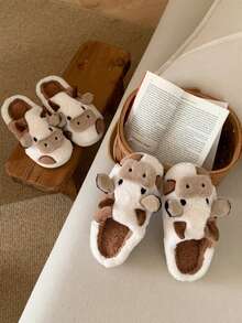 XIXITIAO 1 Paar süße Kuh-Muster Slip-On Hausschuhe, weiche Plüschfütterung, warme Hausschuhe, Farbblock, rutschfeste Sohle, geeignet für Zuhause, Winter