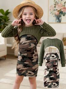 4-7 Years Girls Autumn/Winter Knitted Soft Sweatshirt & Camouflage Print Bodycon Dress 2pcs Set