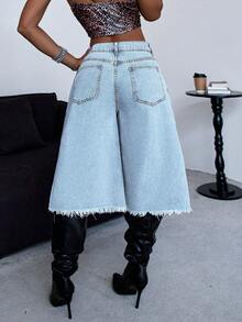 Women's Y2K Distressed Denim Culottes High Waisted Wide Leg Mid Length Jeans Vintage Ripped Loose Fit Jean Shorts For Women - 雪花 - 查看 5