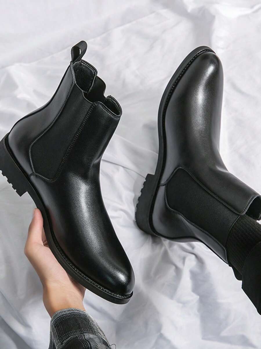 男士黑色切尔西靴，英伦复古靴，男士时尚西部牛仔PU皮靴，适合户外穿着 - 黑色 - 查看 1