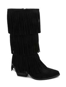 Bottes Hautes à Franges Effet Daim – Style Western Chic - Black - View 3