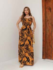 Summer Floral Pleated Dress - Camel - Ver 1