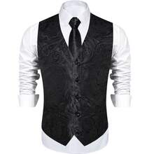 Mens Waistcoat Black Floral Paisley Vest Tie Handkerchief Cufflinks Set Tuxedo Gilet Wedding Formal Casual - 黑色 - 查看 9