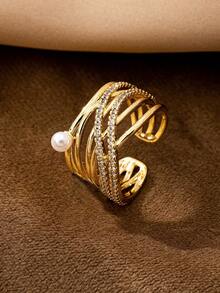 1 Pc Gold-Tone Luxurious Zirconia Ring, Sparkle Crystal Rings Set For Women Everyday Wear, Stackable Minimalist Adjustable Size Ring With 18K Gold Plating