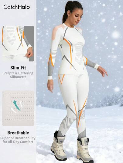 1pc Women's Seamless Slit Ski Suit, High Elasticity, Orange & White Striped, Super Warm Ski Wear, Suitable For Skiing And Snowboarding In Winter