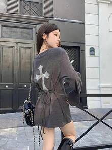 【2026 早秋新発売】レディース スパイシー クロス ハイクオリティ ストーンリザーブ T シャツ 早秋 デザイン性豊富 Ｖネック ロングスリーブ シェイプアップ スリム効果 リボン締め トップス / レディース Ｖネック ロングモデル カーディガン ウエストベルト付き シェイプアップカット ジュエルデコレーション エレガント & 可愛い カーディガン ファッショナブル 保温性あり 秋冬 パーフェクトアイテム 新モデル - グレー - チェックする 1