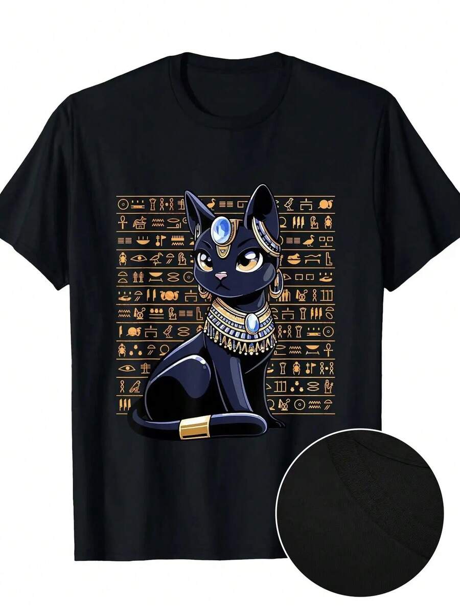 Men's Egyptian Goddess Bastet T-Shirt - Heavyweight 180gsm 100% Cotton Black & Golden Hieroglyphic Print With Bastet Cat Design, Egyptian Goddess Bastet With Ankh & Eye Of Horus, Casual Round Neck Tee For Themed Events, Cosplay & Casual Attire, Machine Washable Statement Shirt For Mythology Fans & Ancient Egypt Apparel - 黑色 - 查看 1