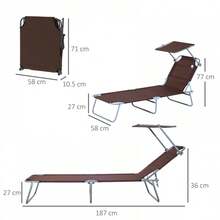 Outsunny Folding Garden Lounger With Sun Protection, Brown, 187 X 58 X 36 Cm For Terrace And Balcony - Burgundy - View 3