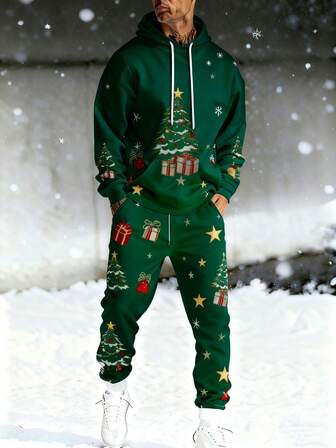 1 Set Men's Green Hoodie Sweatsuit, Christmas Print Sporty Sweatshirt 2-Piece Set, Christmas Tree Design Hoodie, Casual Sweatpants, Suitable For Christmas Holiday Family Gathering, Streetwear Outdoor Sports, Great Gift For Men