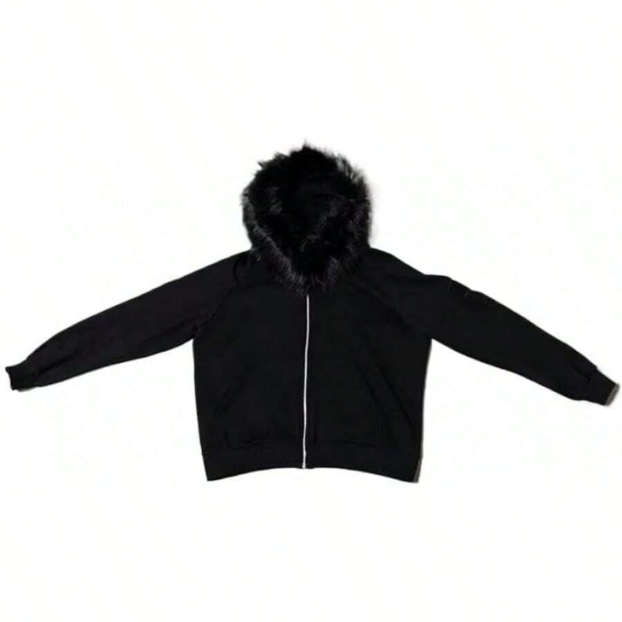 Fur Hood Jacket Men Hoodie Zip Up Y2k Zip Up Hoodie Y2k Hooded Jacket Warm Winter Coat For Men With Hood Fur Collarhalloween - 黑色 - 查看 1