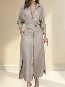 Women's Solid Color Long Sleeve Lapel Casual Dress - Màu be - Xem 6