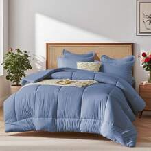 5/7pcs Simple And Stylish Embossed Bed Comforter Set, 100% Microfiber Soft Breathable Summer Bedding Set, Comfortable And Durable, Include 1 Comforter+1 Flat Sheet+1 Fitted Sheet+1/2 Pillowcases+1/2 Pillowshams,All-Season, Bed In A Bag, Room Decor, Best Gift - Blue-BZ01 - 查看 3