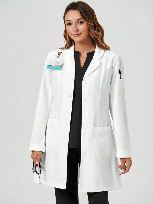 cimmuovere Bata de laboratorio de manga larga con cuello y bolsillos dobles para mujeres de talla grande, ropa de trabajo para enfermeras, dentistas, personal de salud y veterinaria