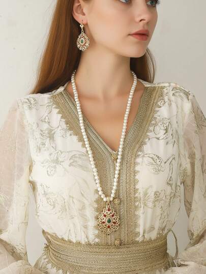 1 Set Elegant French Romantic Hollow Earrings, Rhinestone Pendant Necklace, Pearl Jewelry Set, Popular In Middle East Saudi Arabia, 2-Piece Wedding/Festival Jewelry Set For Brides And Bridesmaids, Gold Necklace