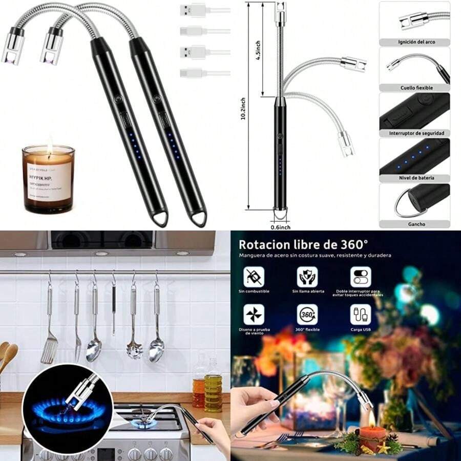 , Encendedor Electrico Recargable con Indicador de Batería, Encendedor Arco Eléctricos para Encender Velas, Gas, Barbacoa, Cocina y Fuegos Artificiales, Apagado Inteligente(Encendedor Electrónico, 2 Packs) - Tipo 2 - Ver 1