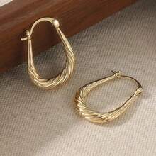 Vintage Gold Tone Hoop Earrings, Large Oval Shape, Hollow & Twisted Design