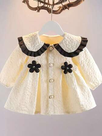Baby Girl Cute Floral Embroidery Puff Sleeve Ruffled Collar Dress, Spring