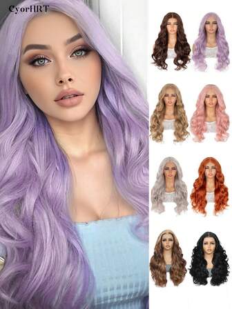 22인치 13*6 레이스 프론탈 가발 내츄럴 롱 바디 웨이브 야키 익스텐션 헤어 가발 고온 합성 레이스 프론트 가발 블랙 브라운 퍼플 러스트 브라운 핑크 그레이 라이트 골드 컬러 여성용 데일리 룩 홀리데이 파티 및 뮤직 페스티벌