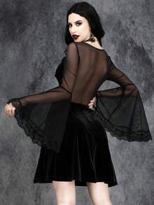 女式哥特式性感万圣节蕾丝拼接女巫袖天鹅绒连衣裙 - 黑色 - 查看 2