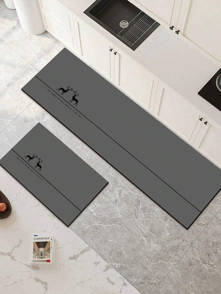 1pc Soft Rubber Kitchen Mat, 3.5mm Thick Kitchen Rug, Stylish Minimalist Gray Deer Pattern, Absorbent Kitchen Floor Mat, Can Be Trimmed To Fit, Surface Fabric, Middle Foam Layer, Bottom Rubber Layer, Suitable For Kitchen Rugs, Home Decor, Bathroom Mats, Entryway, Laundry Room, Hallway Carpets, Living Room