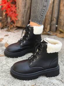 Botas de Cano Curto Femininas com Cadarço, Sola Grossa, Forro Quente, Botas da Moda para Outono/Inverno