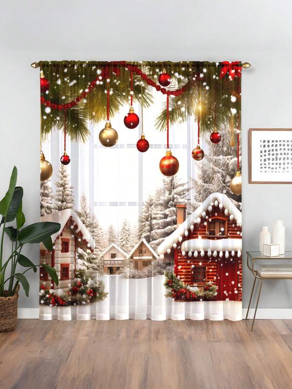 1 pieza Cortina transparente de decoración navideña con rama de pino y globo, para sala de estar, dormitorio, cocina, material de poliéster, 100g/㎡, adecuado para fiestas navideñas, reuniones festivas, decoraciones navideñas, decoración del hogar