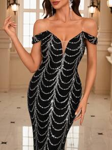 UNITHORSE [Randomly Cut] Heavily Sequined Off Shoulder Formal Dress - Black - View 8