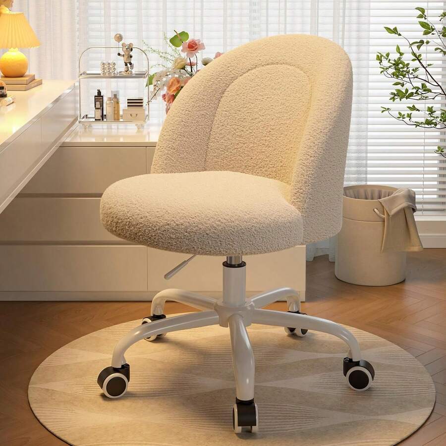 Vanity Chair With Back, Cute Desk Chair With Wheels, Armless Office ...