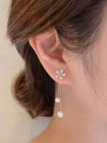 1 Pair Sparkle Of Two Faux Pearl Zirconia Flower Earrings, Tassel Pearl Earrings, Long And Elegant Earrings - 金色 - 查看 1