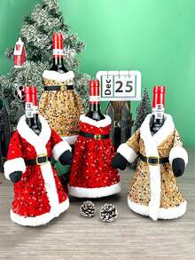 Christmas Bottle Set, Christmas Sequin Plush Set, Santa Bottle Jacket, Bottle Sweater Decoration, Holiday Champagne Bottle Gift Stand, Christmas Party Gift, New Year Table Decoration, Dress Decoration