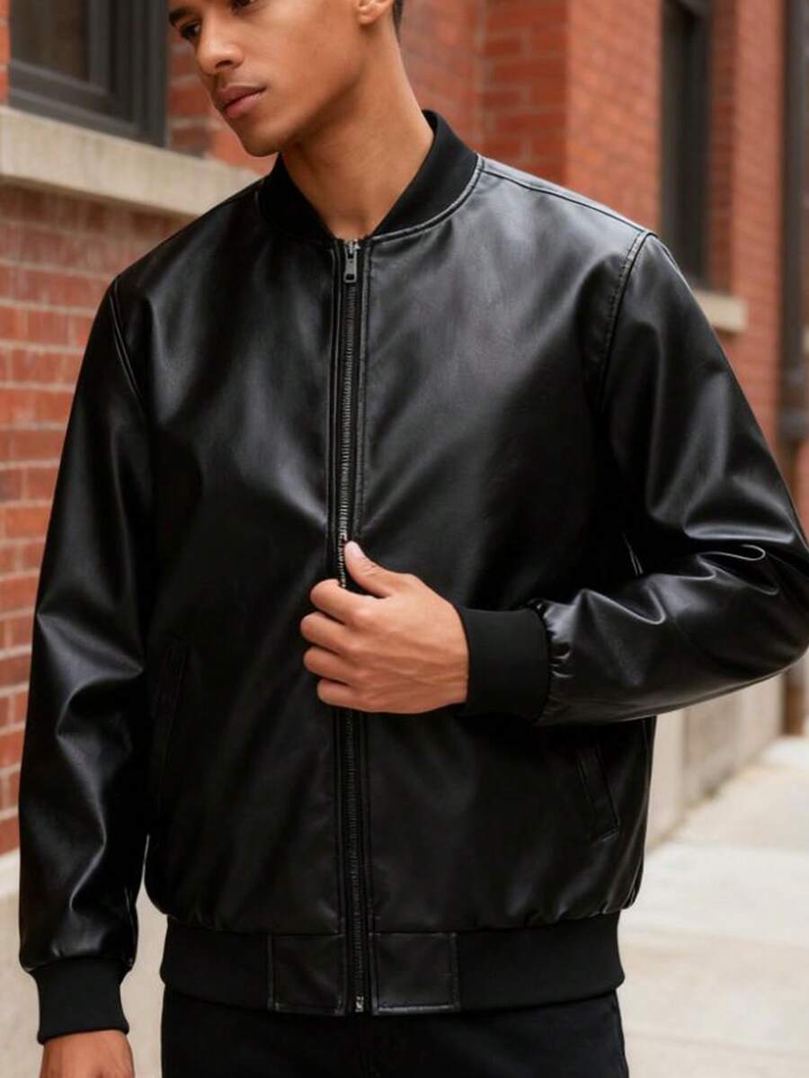 男士 PU 皮夹克外套，棒球领，时尚休闲外套，春秋季薄款 - 黑色 - 查看 1