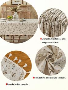 1 件波西米亚餐桌布，花卉印花，流苏边，矩形或圆形，适用于农舍、厨房、客厅、派对、野餐、露营、烧烤、节日装饰、家居装饰、秋季/所有季节 - 米色 - 查看 2