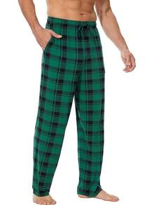 Mens Pajama Pants - Viscose Made From Bamboo, Soft Sleep Pants Comfy Drawstring Lounge Bottom With Pockets Sweatpantshalloween - 綠色格子 - 查看 1