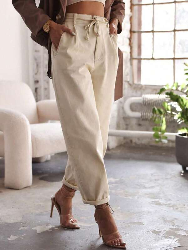 Pantalon droit grande taille, design à cordon de serrage, tissu tissé, sans stretch, style confortable